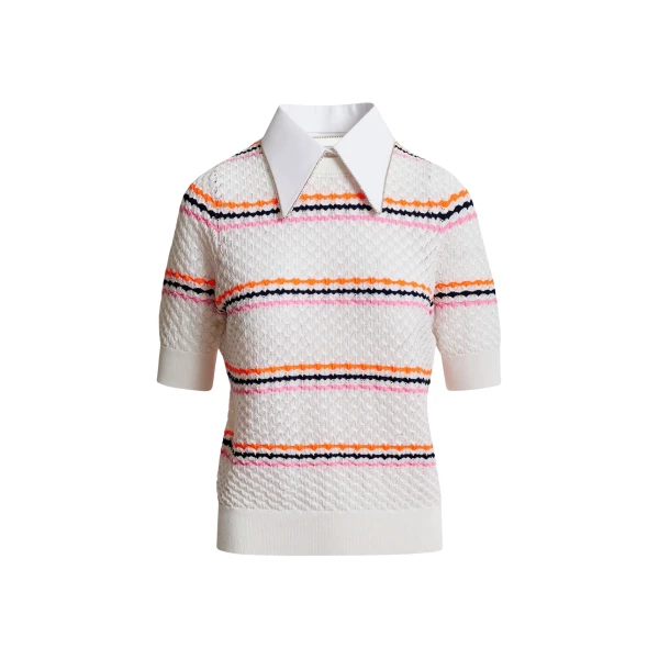 Off-white and multicolor striped honeycomb knit polo with rhinestone-embellished detachable collar