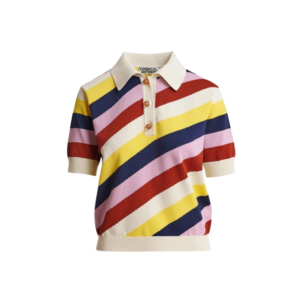 Off-white and multicolor striped knit polo with constrasting buttons