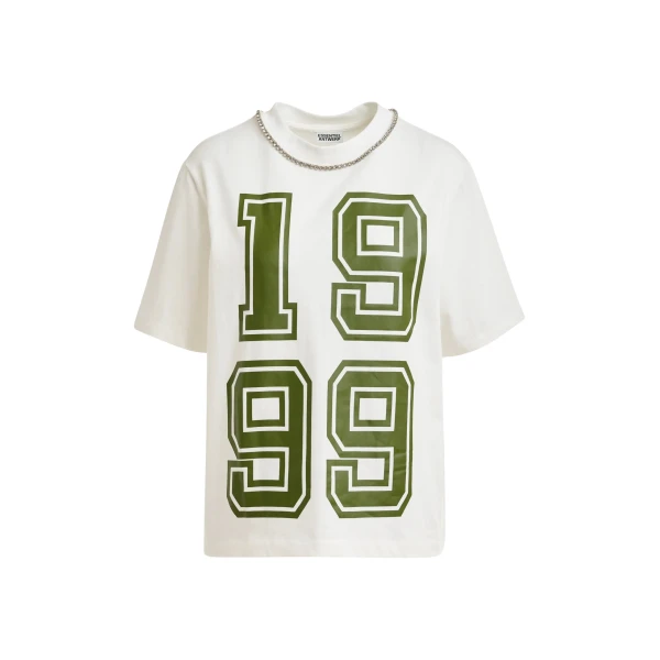 Off-white cotton T-shirt with rhinestone embellished neckline and green numeric print