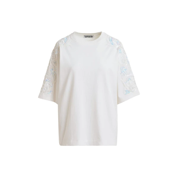 Off-white cotton T-shirt with sequin and bead embellishments