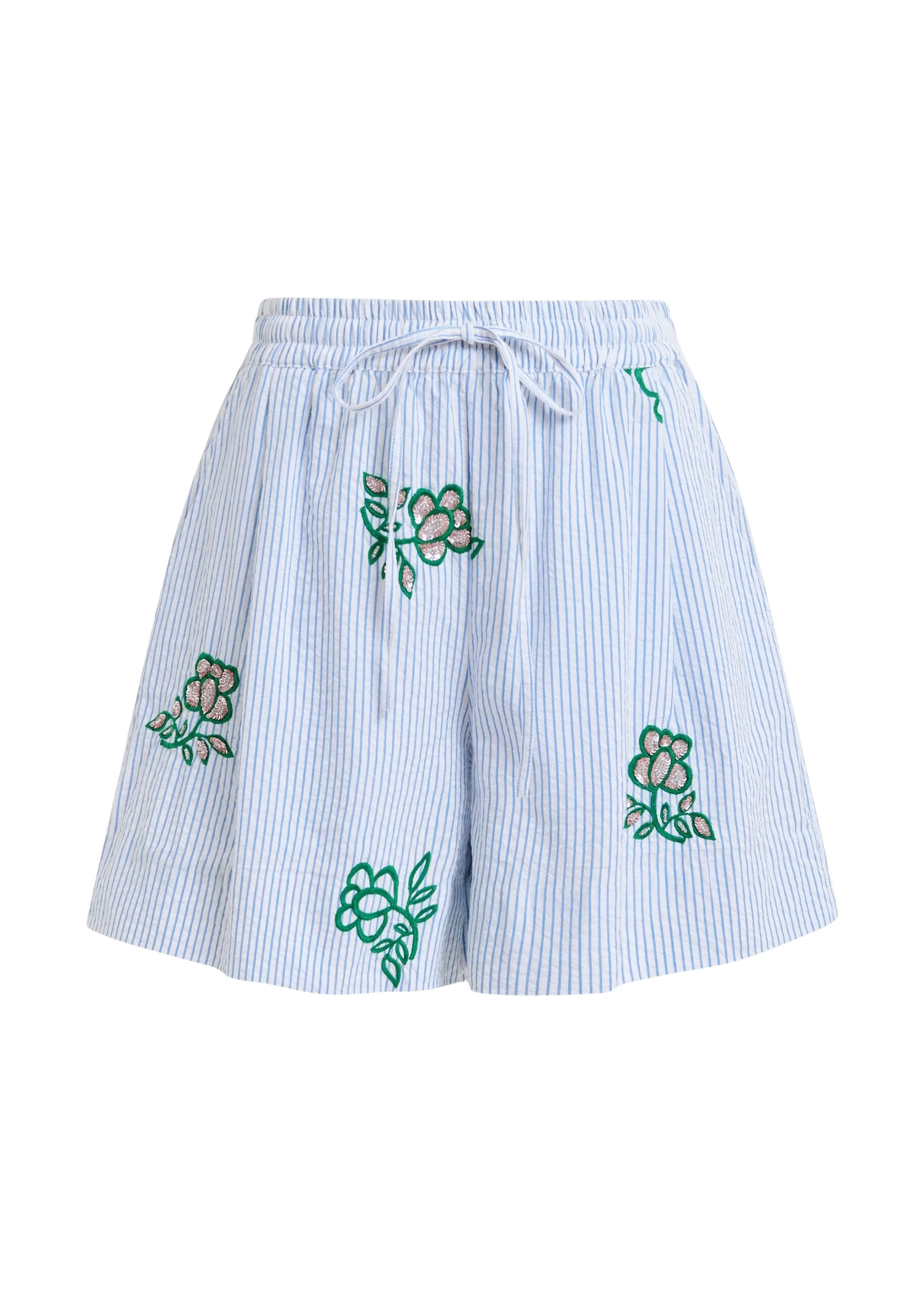 Essentiel-Antwerp-Off-white-cotton-mini-shorts-with-light-blue-pinstriped-embroidered-with-sequin-and-bead-embellishments-scaled99057_nobg Off-white cotton mini shorts with light blue pinstriped embroidered with sequin and bead embellishments