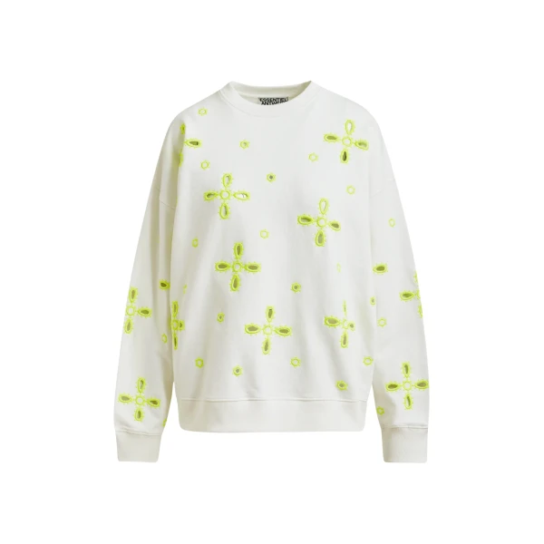 Off-white cotton sweatshirt with fluo yellow flower embroideries