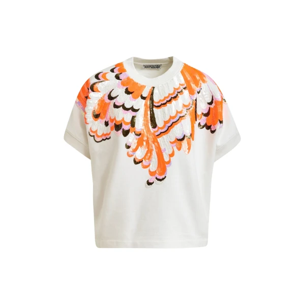 Off-white cotton sweatshirt with multicolor feather embellishments