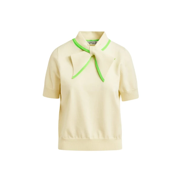 Off-white fine-knit polo with light green scarf-like contrast collar