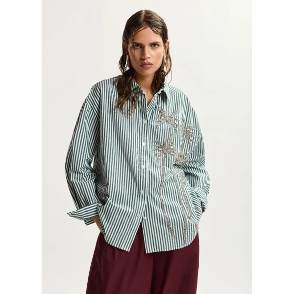 green and grey oversized striped cotton shirt with sequin and bead embellishments