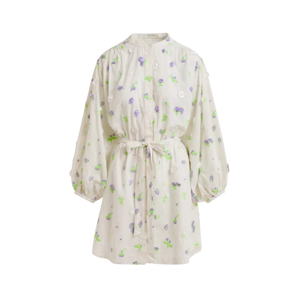 Off-white knee-length dress with mandarin collar and purple and green embellishments