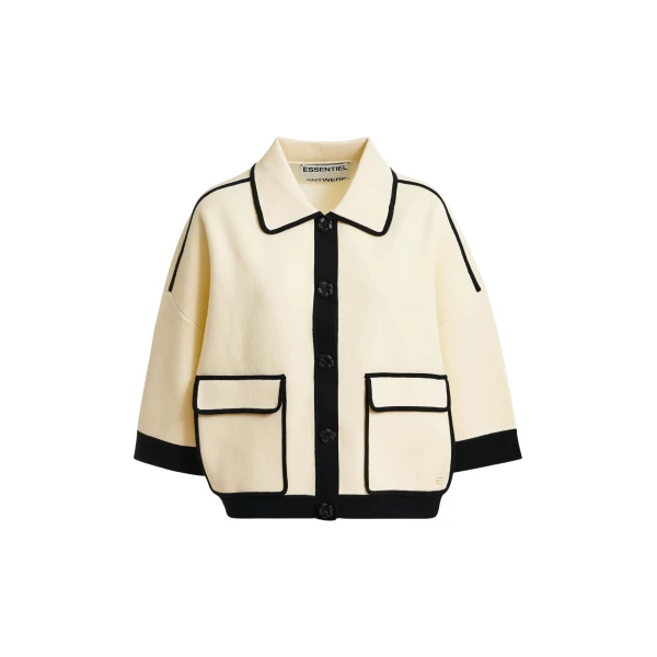 Off-white knit cardigan with flower buttons and black contrasting trims