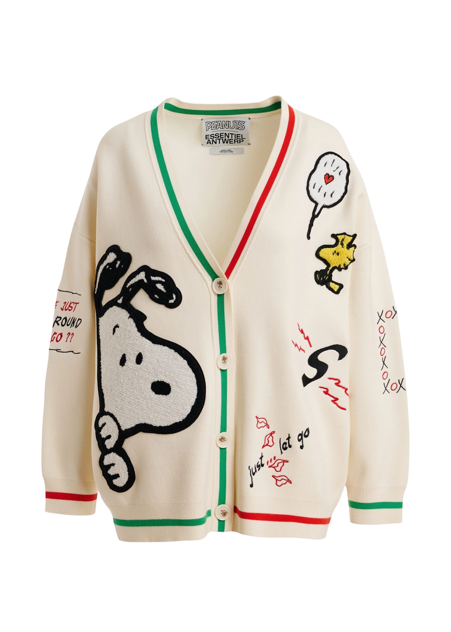 Essentiel-Antwerp-Off-white-knit-cardigan-with-multicolored-Peanuts™-Snoopy-and-Woodstock-patches-scaled34374_nobg Off-white knit cardigan with multicolored Peanuts™ Snoopy and Woodstock patches