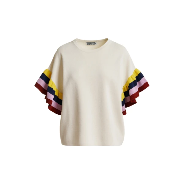 Off-white knitted top with multicolored striped layered sleeves