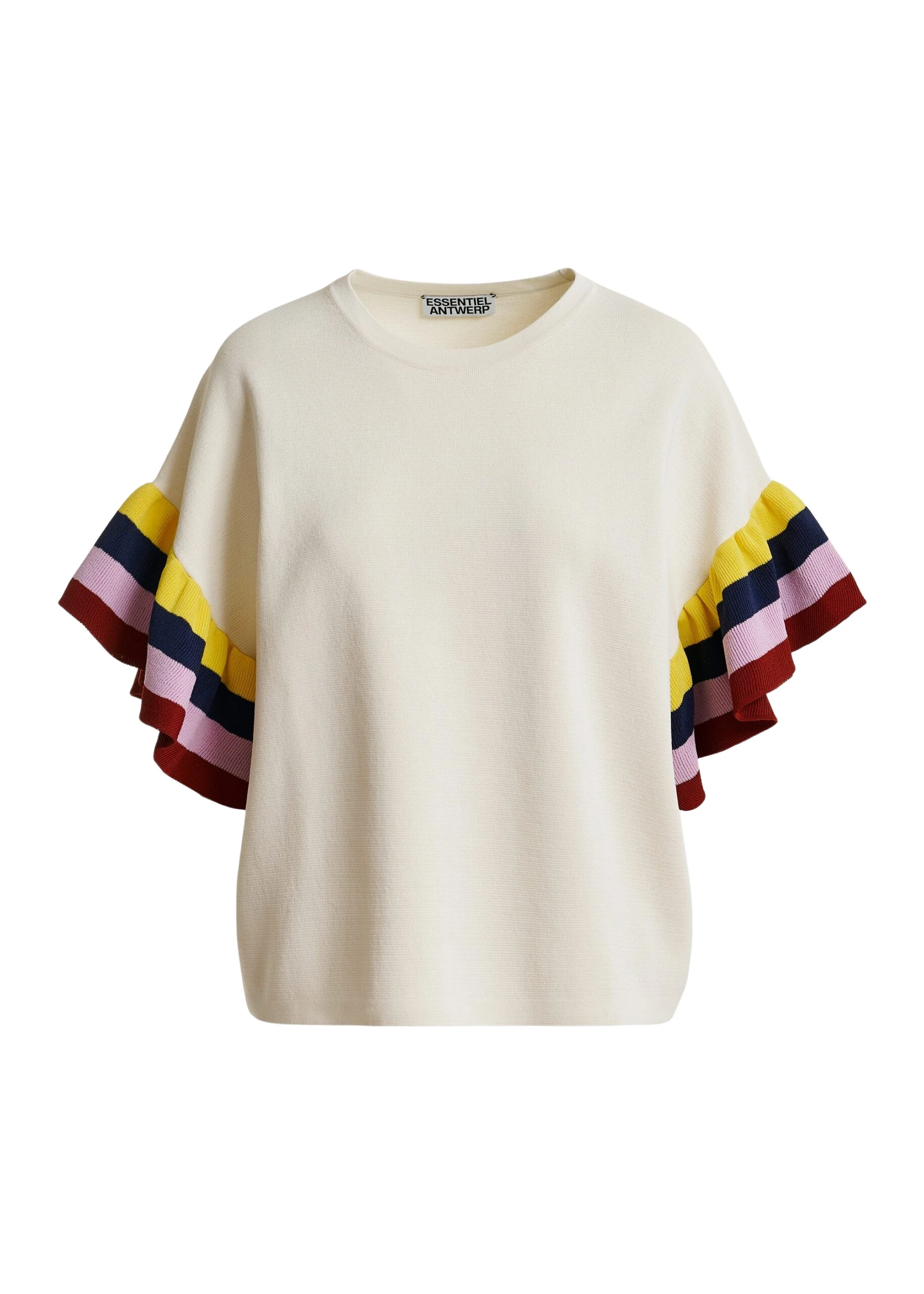 Essentiel-Antwerp-Off-white-knitted-top-with-multicolored-striped-layered-sleeves-scaled69691_nobg Off-white knitted top with multicolored striped layered sleeves