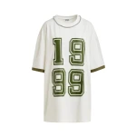 Off-white oversized cotton T-shirt with rhinestone embellished neckline and green numeric print