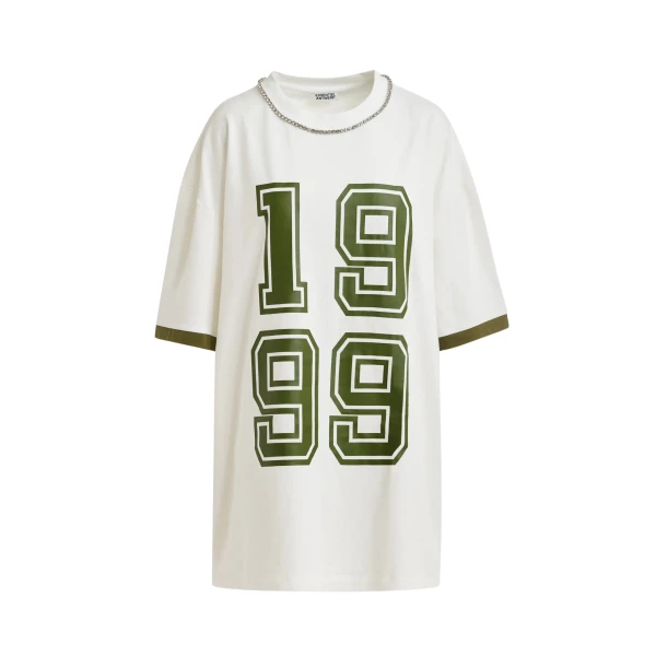 Off-white oversized cotton T-shirt with rhinestone embellished neckline and green numeric print