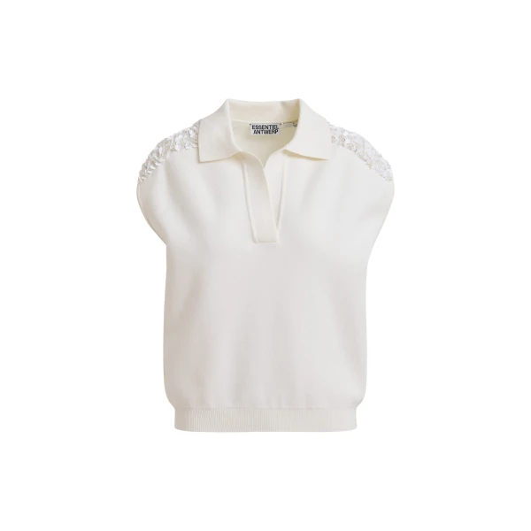 Off-white sleeveless polo with embellished shoulders