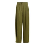 Olive green barrel-leg pants with twisted side seams