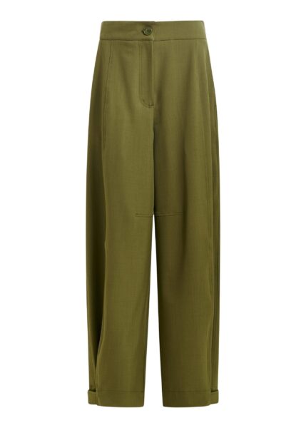 Olive green barrel-leg pants with twisted side seams