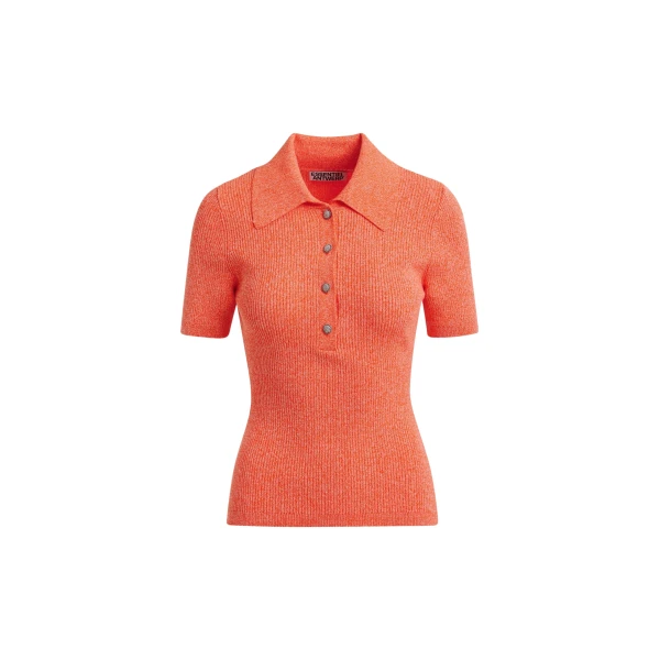 Orange cotton-blend ribbed polo with rhinestone-encrusted buttons
