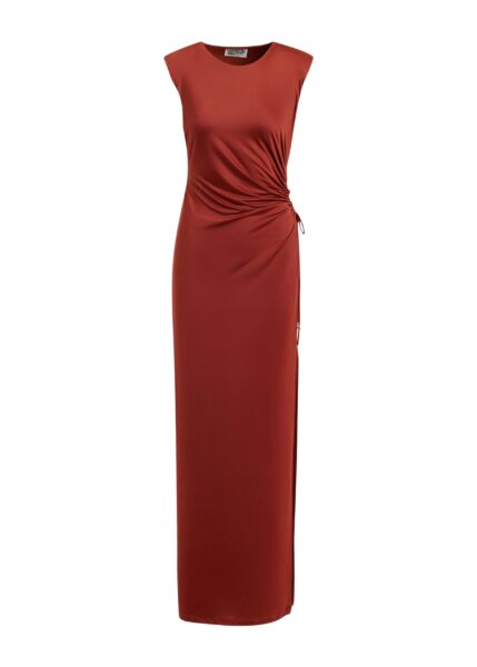 Orange fitted sleeveless dress with ruched cut-out detail