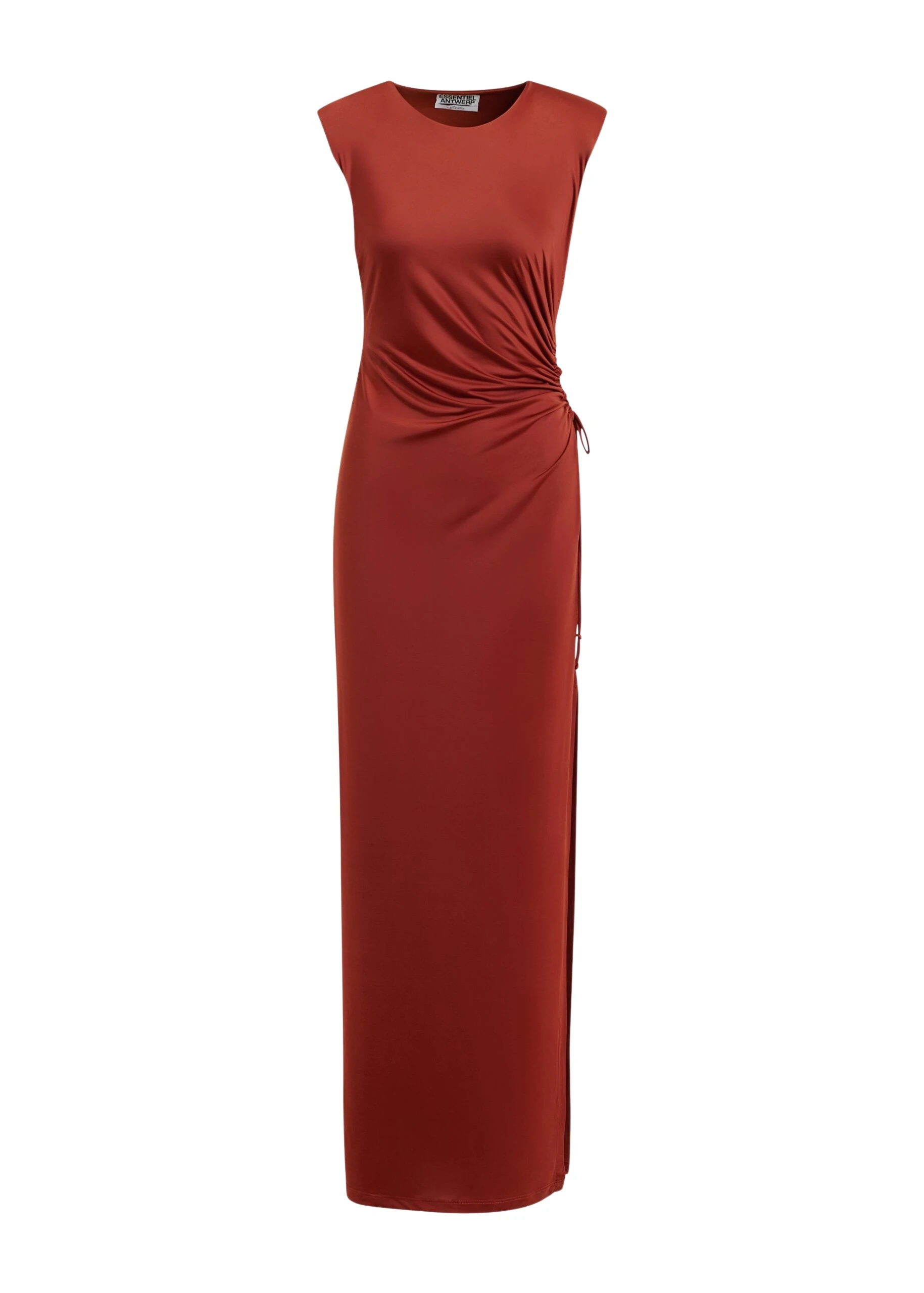 Essentiel-Antwerp-Orange-fitted-sleeveless-dress-with-ruched-cut-out-detail-scaled90243_nobg Orange fitted sleeveless dress with ruched cut-out detail
