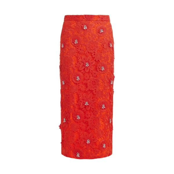 Orange floral lace pencil skirt with rhinestone embellishments