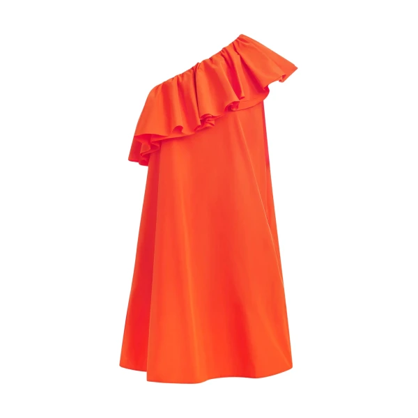Orange one-shoulder mini dress with ruffle details