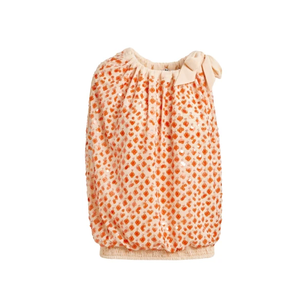 Orange sequin-embellished asymmetric top with neck-tie ribbon