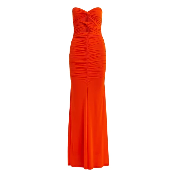 Orange strapless maxi dress with sculpted ruching and a subtle cut-out detail