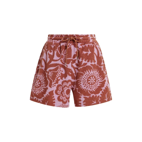 Pink and brown floral jacquard cotton-blend shorts with drawstring waist