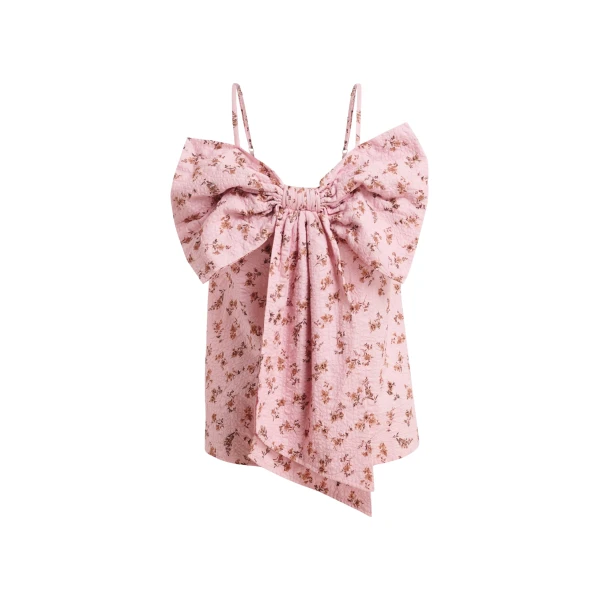 Pink and brown floral print cotton top with bow detail