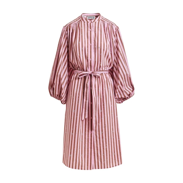 Pink and brown striped midi-length dress with mandarin collar and rhinestone embellishments