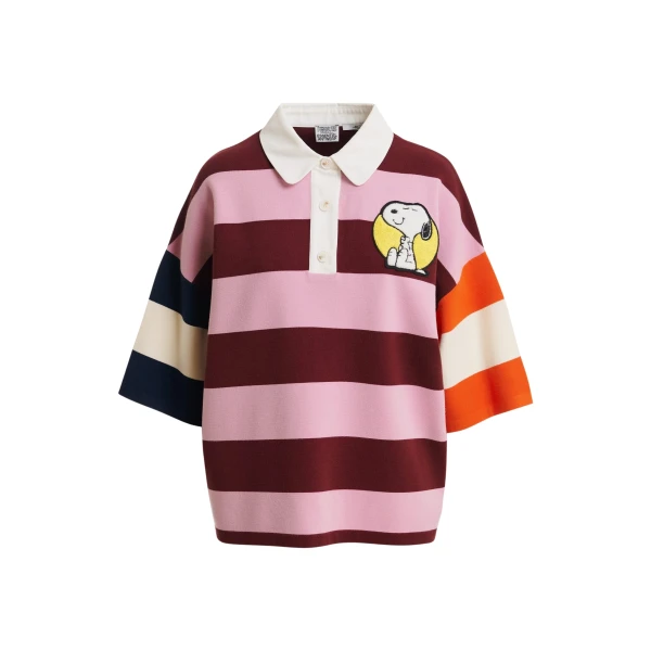 Pink and burgundy striped polo sweater with Peanuts™ patch and text