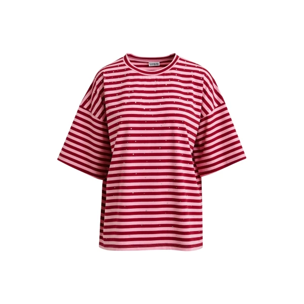 Pink and burgundy striped rhinestone-embellished oversized cotton T-shirt
