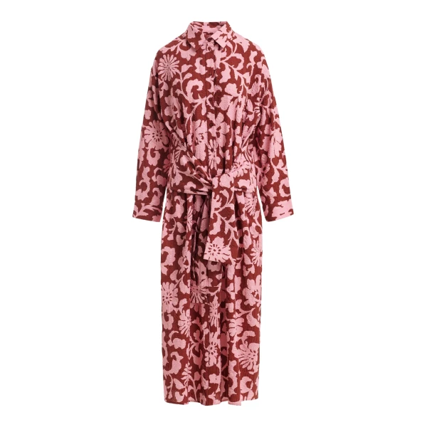 Pink and dark red cotton shirt dress with faux-sleeve detailing