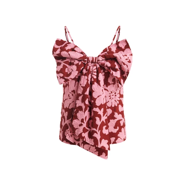 Pink and dark red floral print cotton top with bow detail