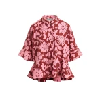 Pink and dark red peplum cotton shirt with contrasting collar