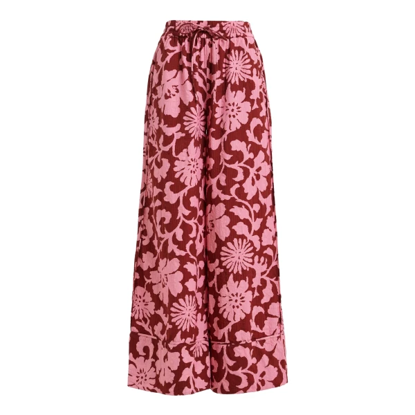 Pink and dark red wide-leg pants with contrast stitching