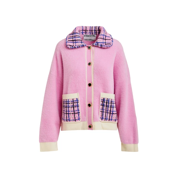 Pink and off-white textured cardigan with contrast blue and black tweed collar and patch pockets
