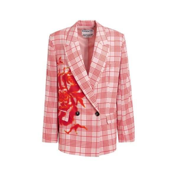 Pink and red double-breasted blazer with placed pixel print