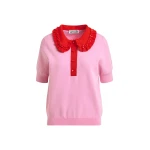 Pink and red ruffle fine-knit polo top with bead embellishments