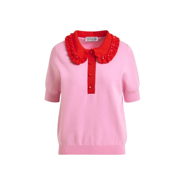 Pink and red ruffle fine-knit polo top with bead embellishments