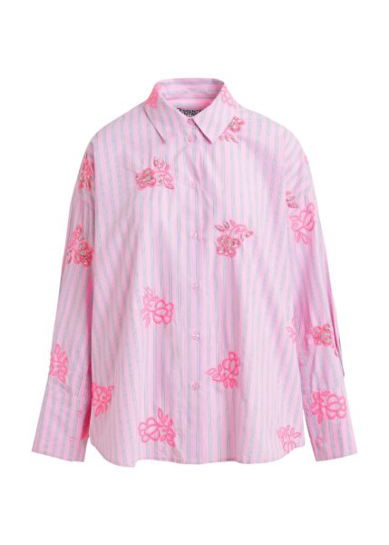 Pink cotton shirt with blue pinstripes and embroidered details
