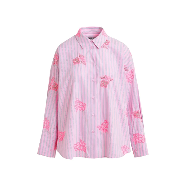 Pink cotton shirt with blue pinstripes and embroidered details