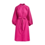 Pink knee-length shirt dress with mandarin collar
