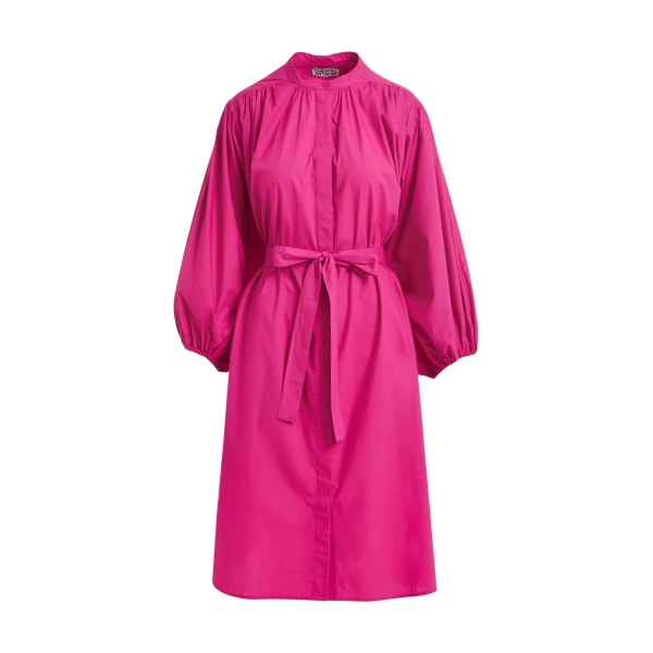 Pink knee-length shirt dress with mandarin collar