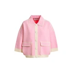 Pink knit cardigan with flower buttons and off-white contrasting trims