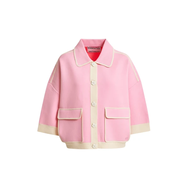 Pink knit cardigan with flower buttons and off-white contrasting trims