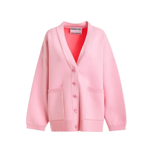 Pink knit cardigan with tonal flower buttons