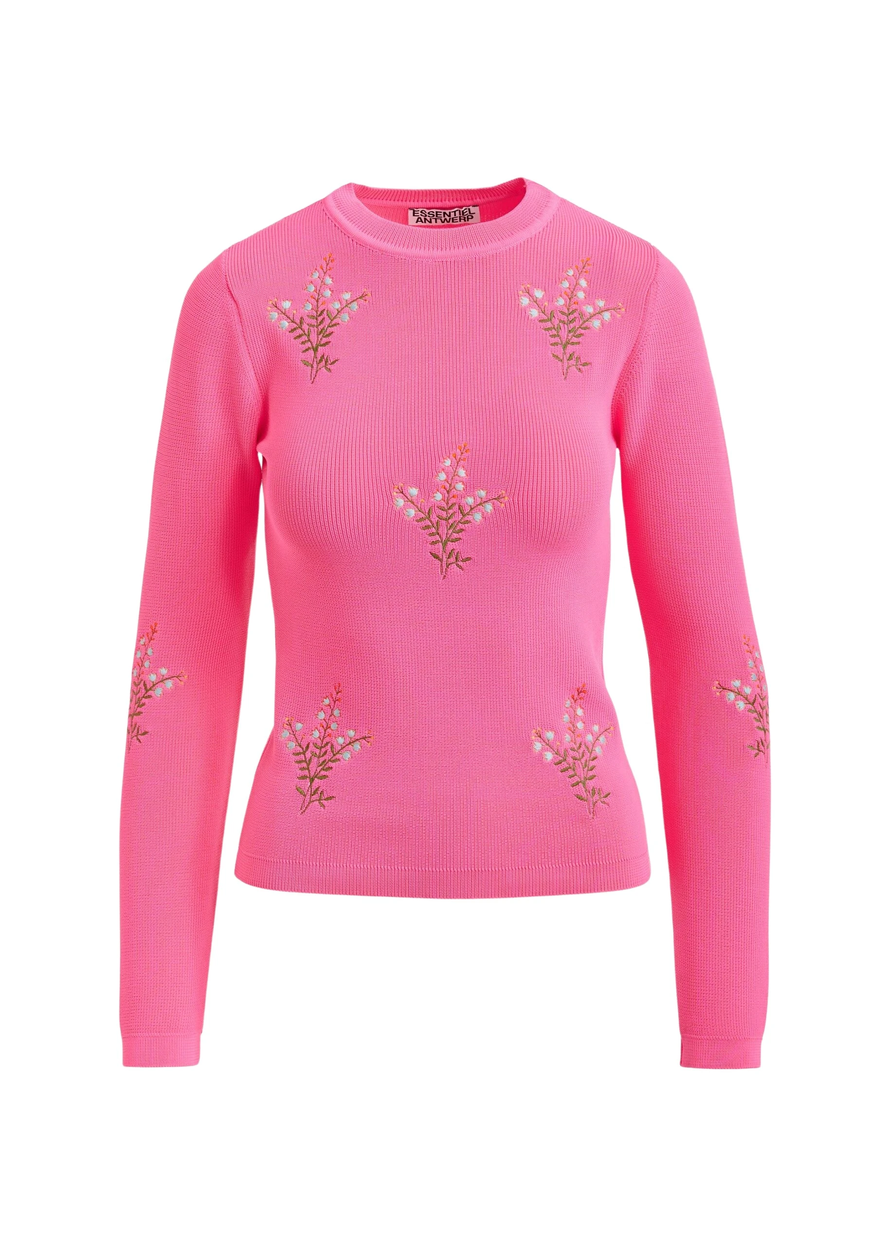 Essentiel-Antwerp-Pink-knitted-sweater-with-floral-embroideries-scaled50535_nobg Pink knitted sweater with floral embroideries