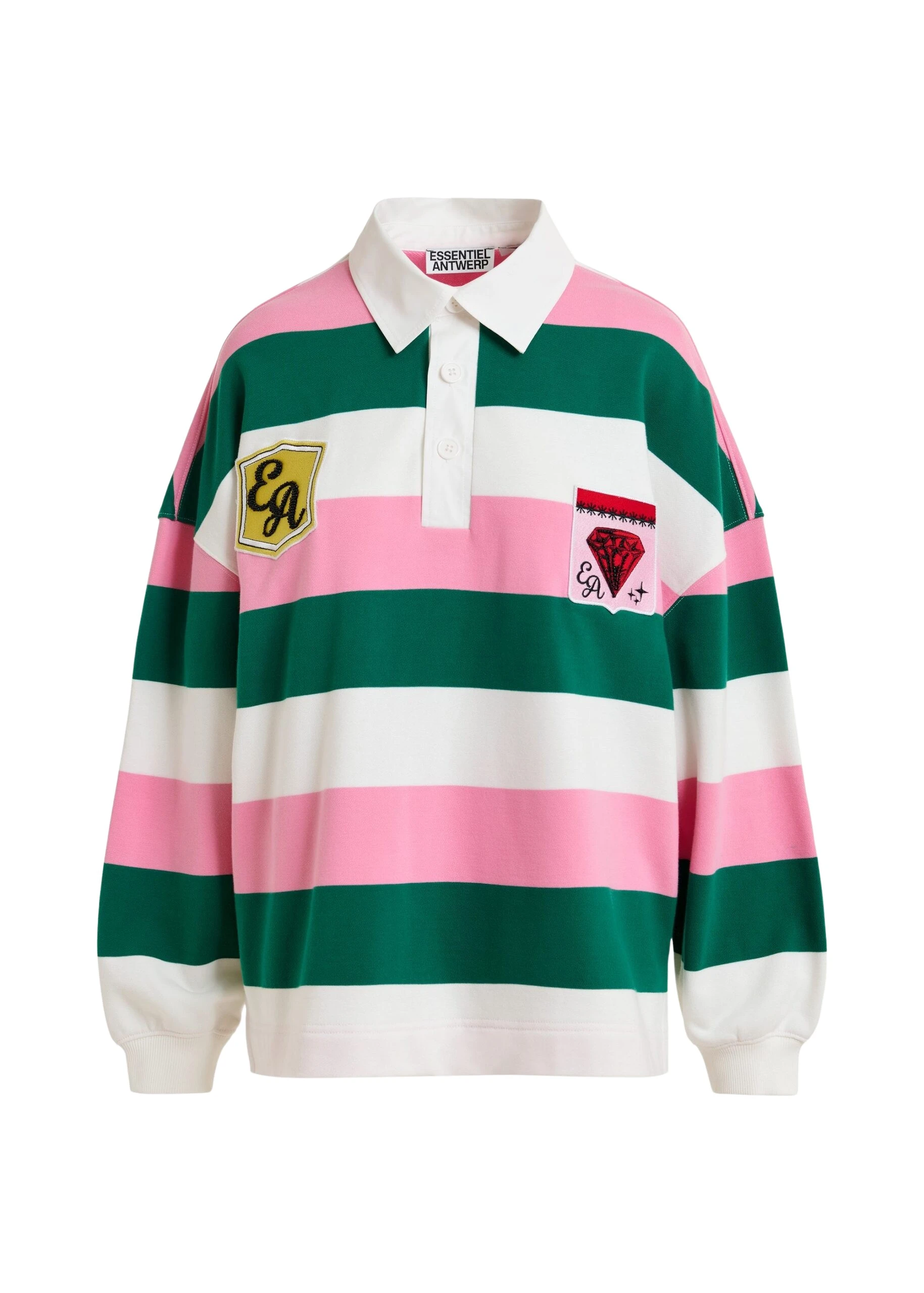 Essentiel-Antwerp-Pink-off-white-and-dark-green-striped-cotton-blend-polo-with-applique-patches-scaled56296_nobg Pink