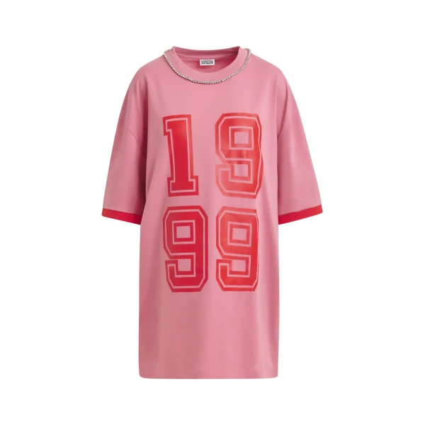 Pink oversized cotton T-shirt with rhinestone embellished neckline and red numeric print