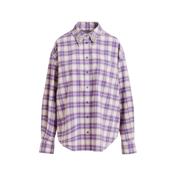 Purple and beige checked flannel shirt with rhinestone-embellished collar